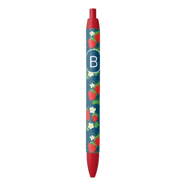 Strawberry and Flower Blue Pattern Monogrammed Black Ink Pen (Front Vertical)