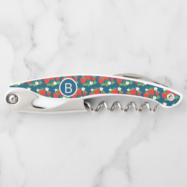 Strawberry and Flower Blue Pattern Monogrammed Corkscrew (Front)