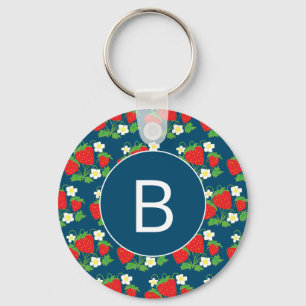 Strawberry and Flower Blue Pattern Monogrammed Keychain