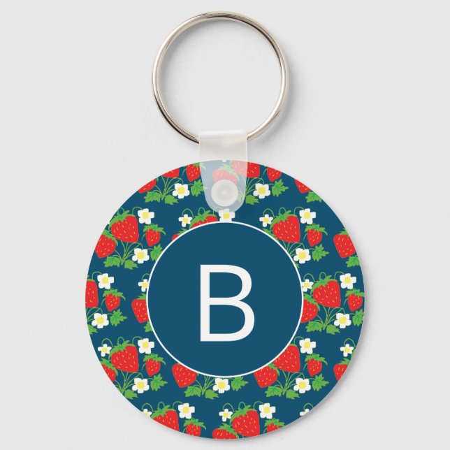 Strawberry and Flower Blue Pattern Monogrammed Keychain (Front)