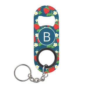 Strawberry and Flower Blue Pattern Monogrammed Keychain Bottle Opener