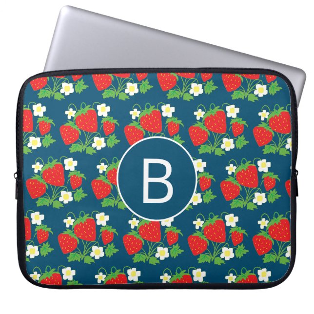 Strawberry and Flower Blue Pattern Monogrammed Laptop Sleeve (Front)