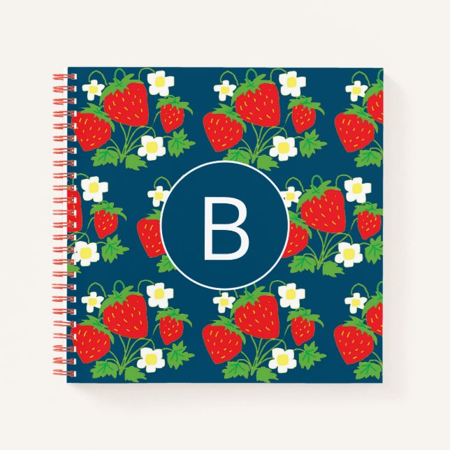 Strawberry and Flower Blue Pattern Monogrammed Notebook (Front)
