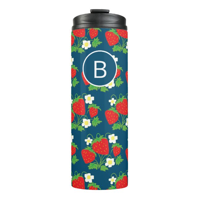 Strawberry and Flower Blue Pattern Monogrammed Thermal Tumbler (Front)