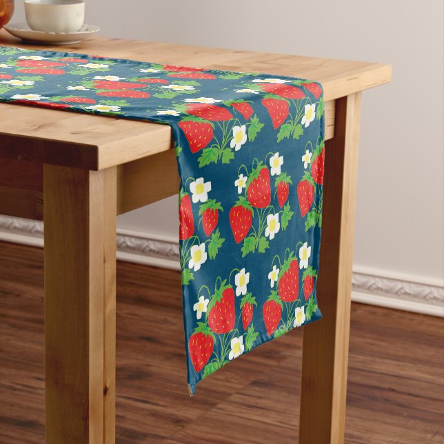 Strawberry and Flower Blue Pattern Short Table Runner (In Situ)