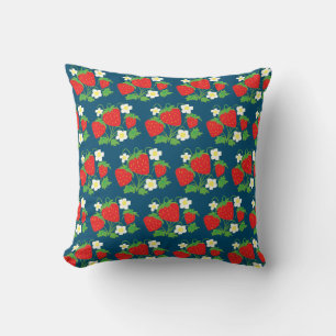 Strawberry and Flower Blue Pattern Throw Pillow