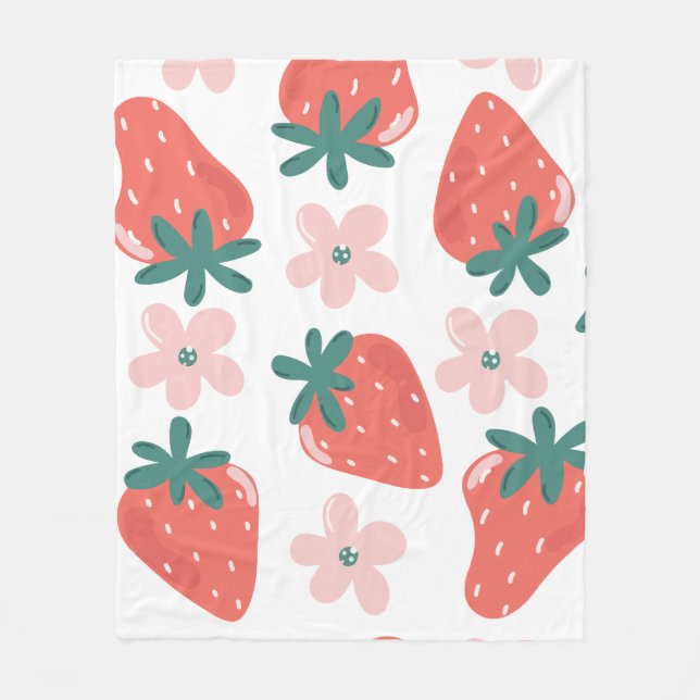 Strawberry and flower pattern fleece blanket (Front)