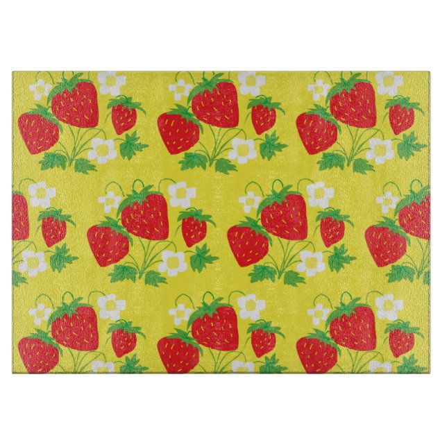 Strawberry and Flower Yellow Pattern Cutting Board (Front)