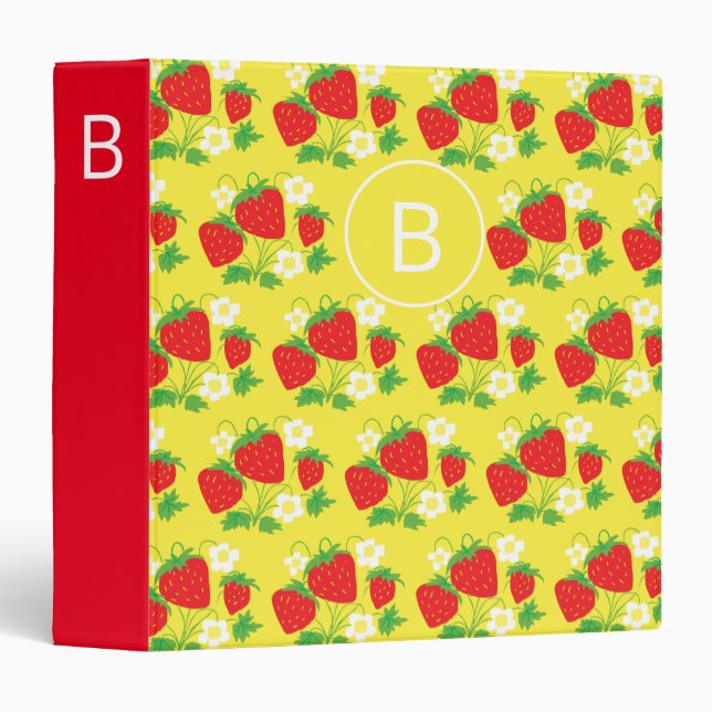 Strawberry and Flower Yellow Pattern Monogrammed Binder (Front/Spine)