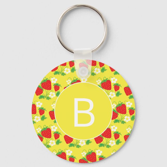 Strawberry and Flower Yellow Pattern Monogrammed Keychain (Front)