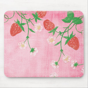 Strawberry and Flowers On Pink Mouse Pad