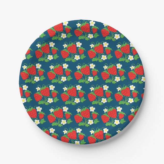 Strawberry and Flowers Pattern Blue Paper Plate (Front)