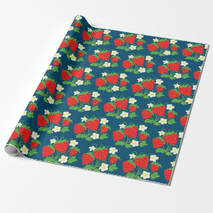 Strawberry and Flowers Pattern Blue Wrapping Paper