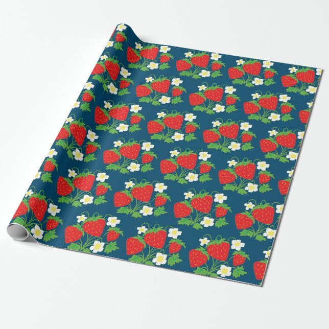 Strawberry and Flowers Pattern Blue Wrapping Paper (Unrolled)