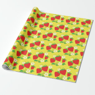 Strawberry and Flowers Pattern Yellow Wrapping Paper