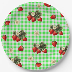 Strawberry and green gingham cute paper plates