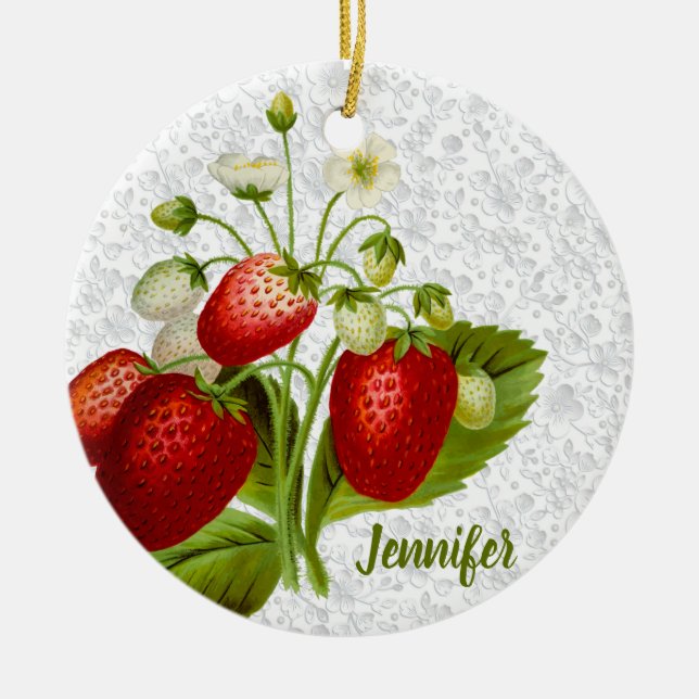 Strawberry and Lace Ceramic Ornament (Front)