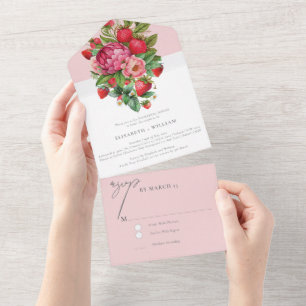 Strawberry and Peonies Rehearsal Dinner Rsvp All In One Invitation