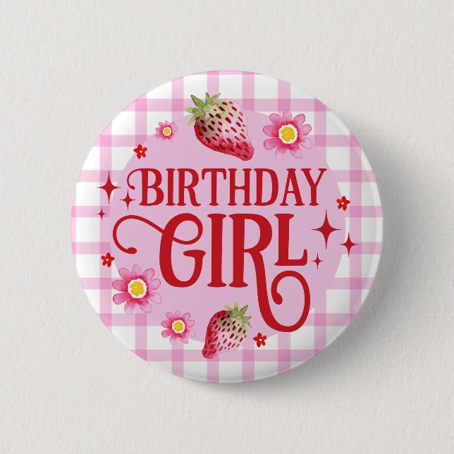 Strawberry and Pink Gingham Birthday Girl 2 Inch Round Button (Front)