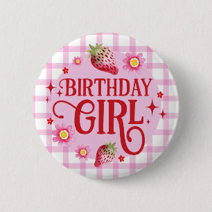 Strawberry and Pink Gingham Birthday Girl 2 Inch Round Button
