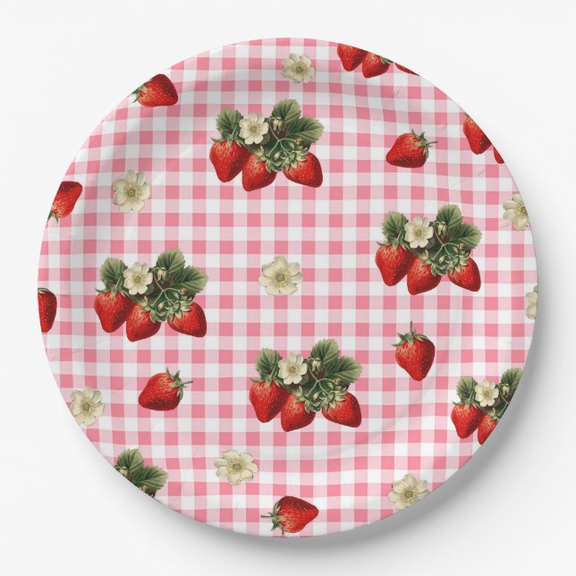 Strawberry and red gingham cute paper plates (Front)