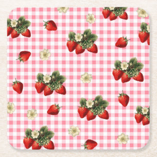 Strawberry and red gingham cute paper square paper coaster