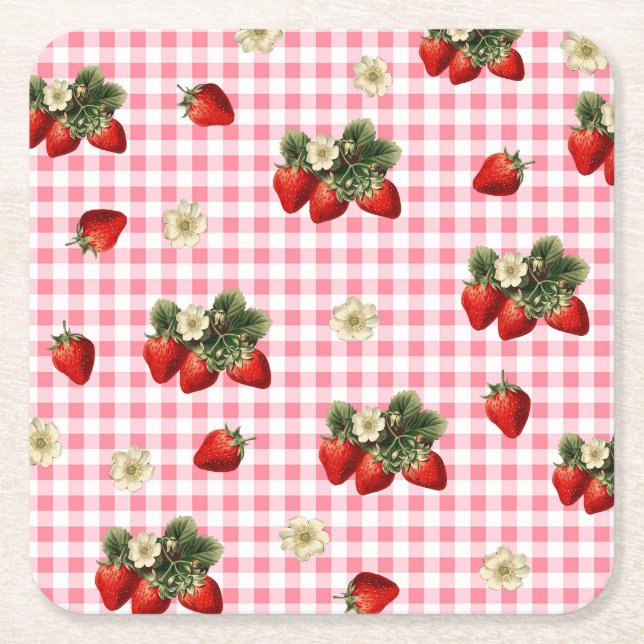 Strawberry and red gingham cute paper  square paper coaster (Front)