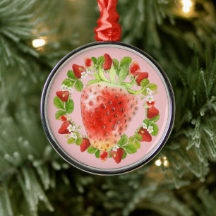 Strawberry and Strawberry Blossom  Metal Ornament