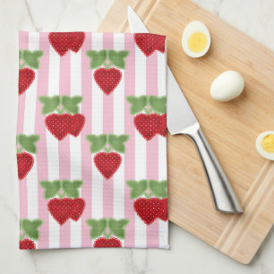 Strawberry applique on striped background retro kitchen towel