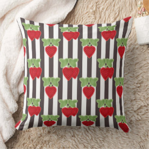 Strawberry applique on striped background retro throw pillow