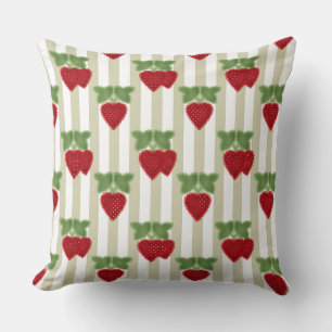 Strawberry applique on striped background retro throw pillow