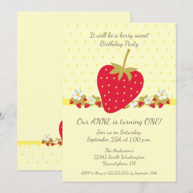 Strawberry baby First Birthday Party invitation (Front/Back)