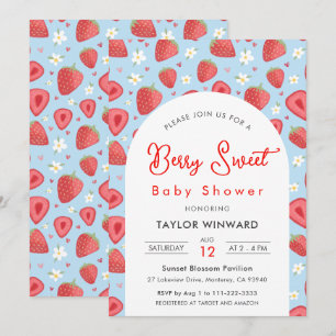 Strawberry Baby Shower Berry Sweet Blue Floral Invitation