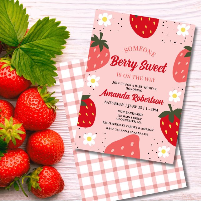 Strawberry Baby Shower | Berry Sweet Invitation (Berry Sweet baby shower invitation with pink & red strawberries on a blush background")