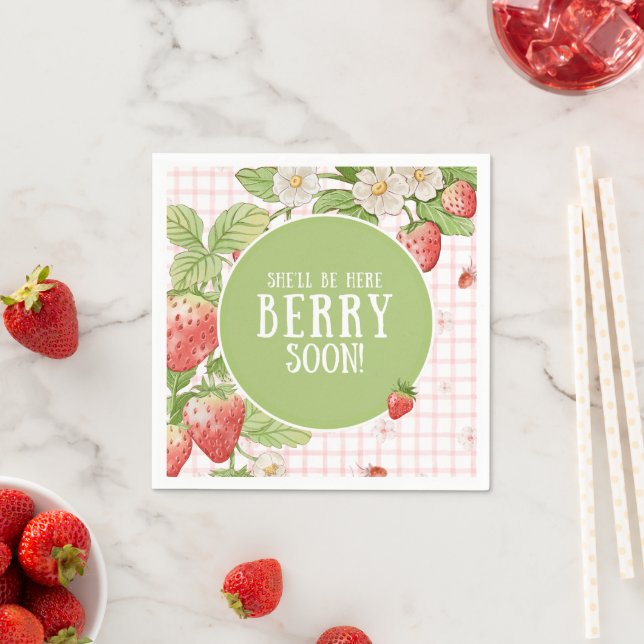 Strawberry Baby Shower "She'll Be Here Berry Soon" Napkin (Insitu)