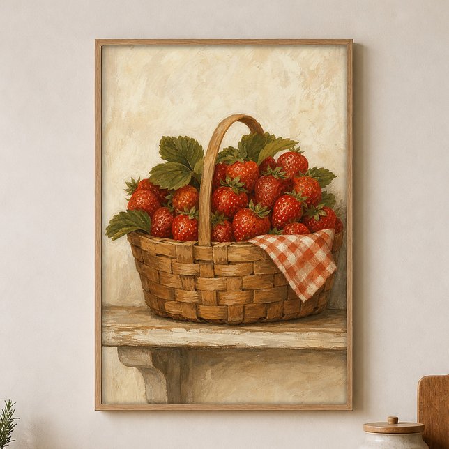 Strawberry Basket Watercolour Cottagecore Poster (Shown framed for scale. Poster ships unframed; frames are an optional add-on.)