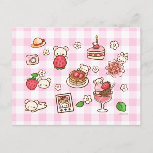 Strawberry Bear Kawaii Cute Treats Pink Gingham Postcard