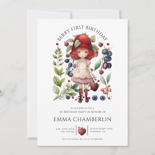 Strawberry Berry 1st Girl's Birthday Invitation (Front)