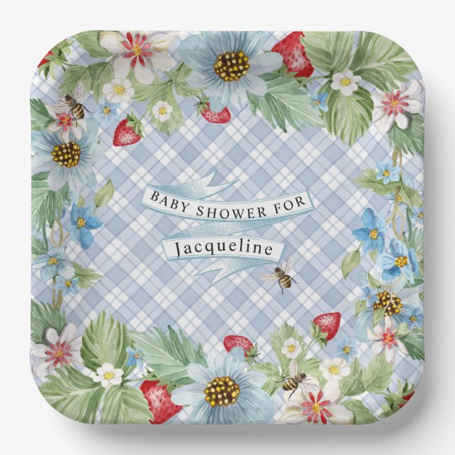Strawberry Berry Blue Gingham Baby to Bee Shower Paper Plate (Front)