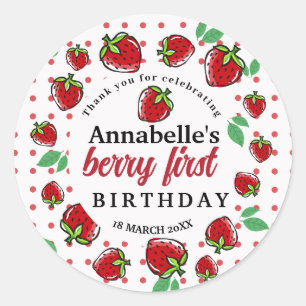 Strawberry Berry First 1st Birthday  Party Classic Round Sticker