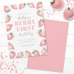Strawberry Berry First 1st Birthday Party Invitation<br><div class="desc">A cute and girly 'Berry First' 1st birthday theme featuring watercolor pink strawberries with green leaves. A cute handwriting script typography mixed with a bold serif font as well as a simple font in a mix of grey and blush pink fonts. You can change the font colours out to whatever...</div>