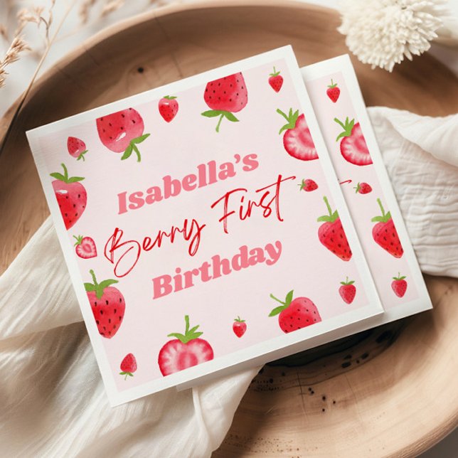 Strawberry Berry First 1st Birthday Party Napkin (Creator Uploaded)