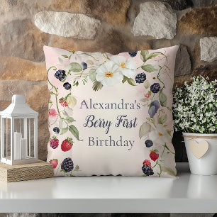  Strawberry Berry First 1st Birthday Party  Throw Pillow