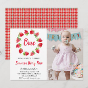 Strawberry Berry First 1st Birthday Photo Invitation