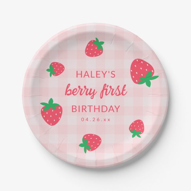 Strawberry Berry First 1st Cute Baby Pink Birthday Paper Plate (Front)