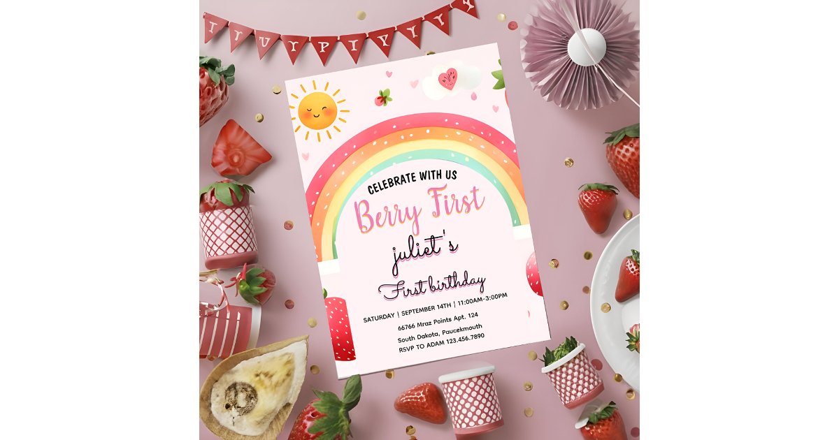 strawberry berry First 1st party birthday Invitation | Zazzle