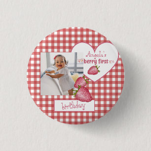 Strawberry Berry First Birthday 1 Inch Round Button