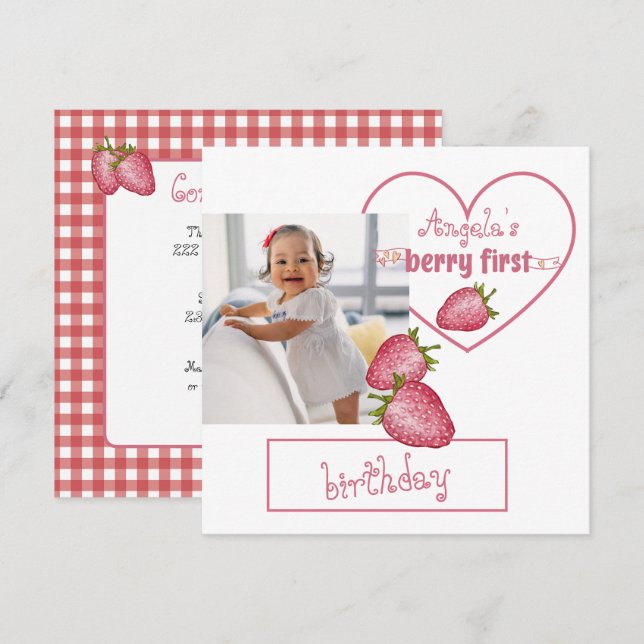 Strawberry Berry First Birthday 2 Invitation (Front/Back)