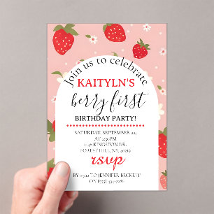 Strawberry Berry First Birthday Acrylic Invitations