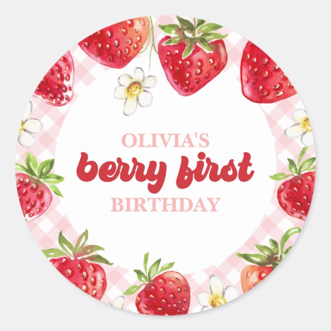 Strawberry Berry First Birthday Classic Round Sticker (Front)